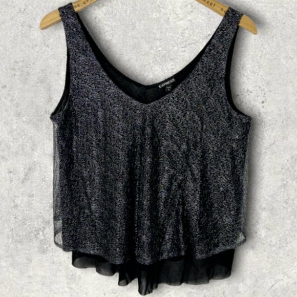 Express Sequin Silver Sleeveless Layering Top VNeck Size Large Metallic Party L - Picture 1 of 6